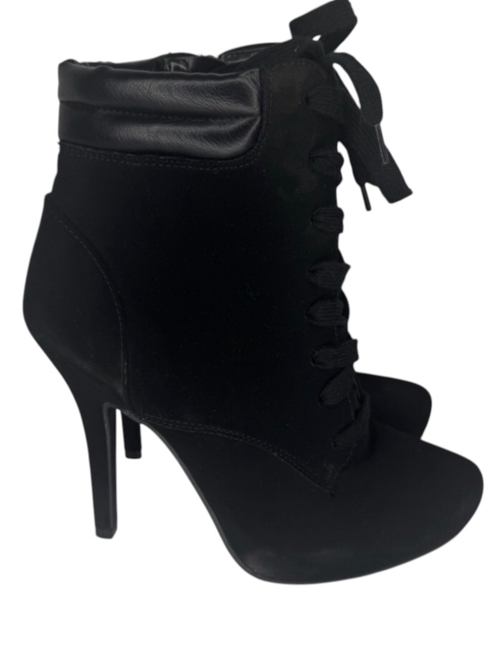 Andiamo Apicasso Sleek Black Faux Suede Stiletto Boots with Lace-Up Detail Sz8